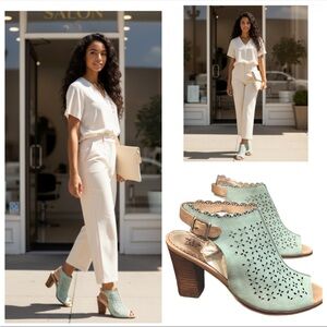 Miss Albright Heels Mules Leather Green Perforated Cutout Details Open Toe  7.5